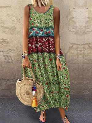 Women Sleeveless O-neck Floral Print Summer Maxi Dress