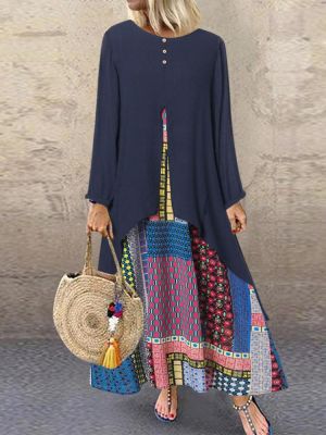 Vintage Ethnic Print Splice Long Sleeve Maxi Dress