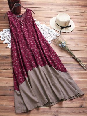 Women Sleeveless Buttons Patchwork Floral Print Vintage Maxi Dress
