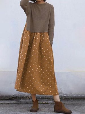 Women Vintage Polka Dot Print Patchwork Long Sleeve Dress