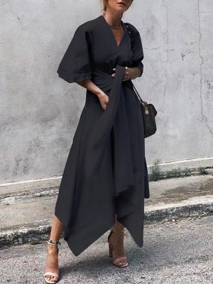 Women 3/4 Sleeve Asymmetrical Midi Shirt Casual Belted Long Dress