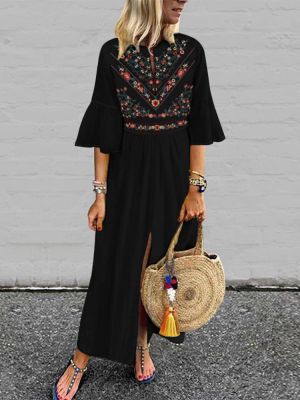 Bohemian Floral Print Flare Sleeve High Split Long Maxi Dress