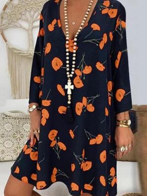 shopping שמלות Bohemian Floral Print V-neck Long Sleeve Plus Size Dress