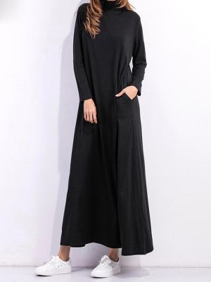 shopping שמלות Casual Women Long Sleeve Pure Color Turtleneck Pocket Long Dress