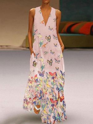 Elegant Butterfly Print Bohemian V-neck Sleeveless Maxi Dress