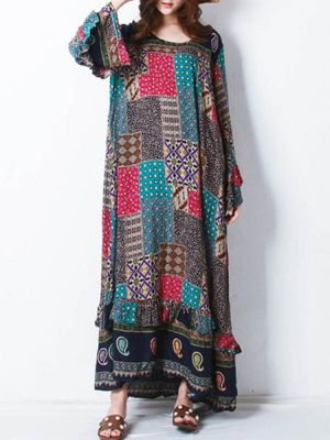 Retro Women Random Printed Patchwork Bohemian Maxi Dress
