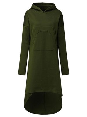 Casual Women Hooded Solid Color High Low Sweatshirt Dress