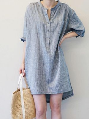 Women Vintage Striped Button Long Sleeve Shirt Mini Dress