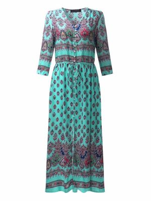 Retro Floral Printed V-neck Bohemian Beach Maxi Dresses For Women