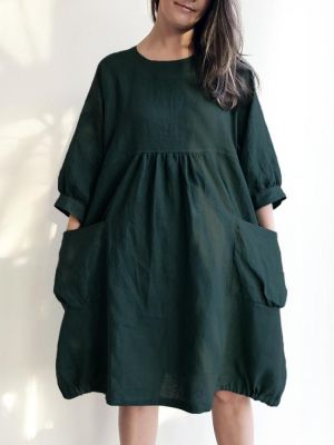 Women Casual Solid Color Loose Cotton Shirt Dress with Pockets