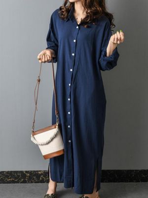 Casual Solid Color Long Sleeve Button Dress