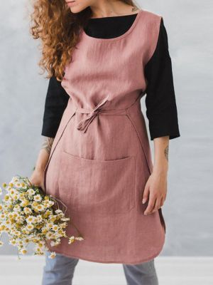 Women Sleeveless Pocket Cotton Solid Color Vintage Apron Dress