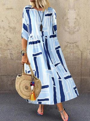 Women Short Sleeve Floral Print O-neck 3/4 Sleeve Dress