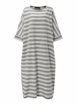 Casual Women 3/4 Sleeve Striped O-Neck Baggy Cotton Maxi Dress