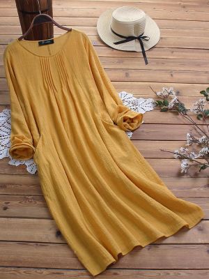 Vintage Solid Color Crew Neck Plus Size Maxi Dress with Pockets