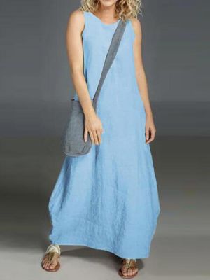 Women Cotton Casual O-neck Solid Color Sleeveless Dress
