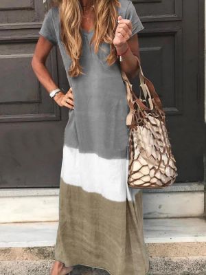 Contrast Color Short Sleeve Casual Maxi Dress For Women