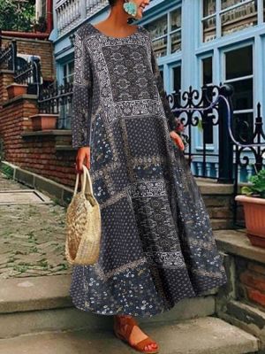 Women Bohemian Cotton Side Pockets Long Sleeve Dress