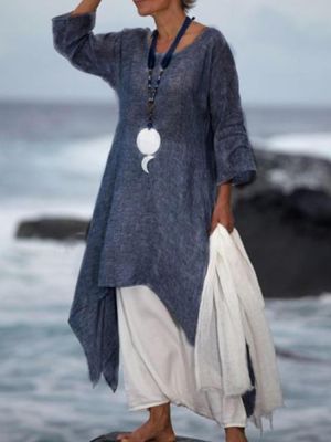 Women 3/4 Sleeve Loose O-neck High Low Hem Linen Cotton Dress