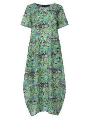 Women Casual Loose Printed Short Sleeve Side Pockets Dress