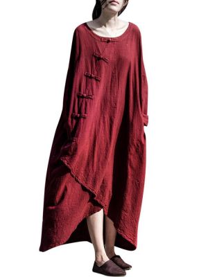 Casual Loose Plate Buckle Long Sleeve Asymmetric Women Dress