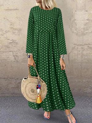 Women Casual O-Neck Polka Dot Long Sleeve Side Pockets Dress