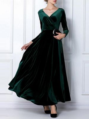 Velvet Long Sleeve V-neck Maxi Prom Dress