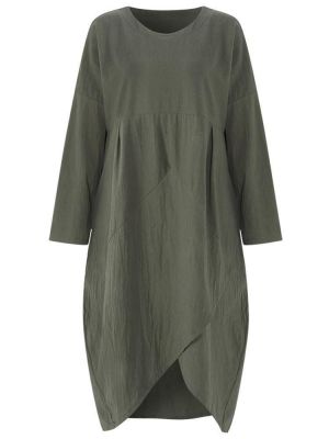Women Pocket Irregular Linen Cotton Maxi Dress