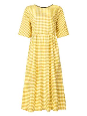 Women Casual Loose Plaid Print O-Neck Half Sleeve Dress