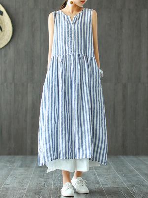 Women Sleeveless Striped V-neck Sundress Retro Maxi Dress