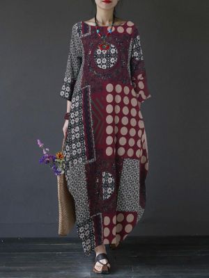 Vintage Women Printed Side Pockets 3/4 Sleeve Dress