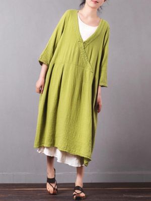 Vintage Loose Solid Embroidery V-neck Women Dress