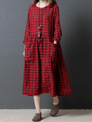 Vintage Women Plaid O-neck Loose Long Sleeve Dress