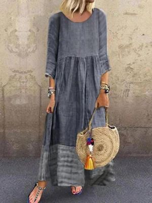 Women 3/4 Sleeve O-neck Stitching Long Sleeve Vintage Maxi Dress