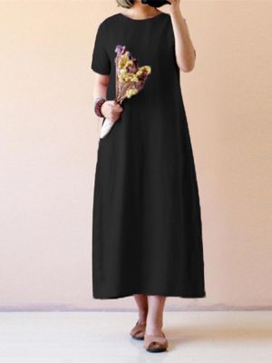 Celmia Women Vintage Short Sleeve Cotton Loose Maxi Dress