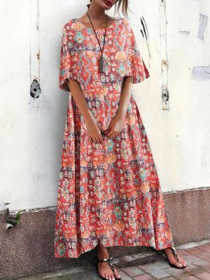 Bohemian Women Loose Floral Print O-Neck Short Sleeve Side Pockets Dress