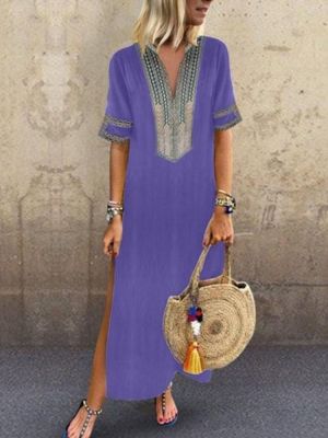 Vintage Women Folk Style V-Neck Short Sleeve Dress