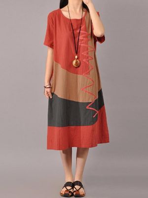 S-5XL Women Casual Short Sleeve Splice Loose O-neck Mid Long Dress