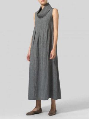 Women Cotton Loose Solid Color Sleeveless Turtle Neck Dress