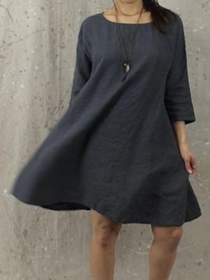 Women Casual Cotton Linen Pure Color 3/4 Sleeve Dress