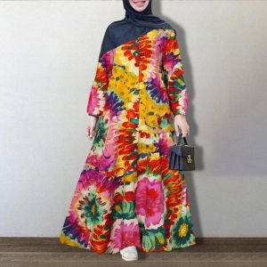 Women Floral Print Button O-Neck Long Sleeve Elastic Cuff Causal Loose Maxi Dress