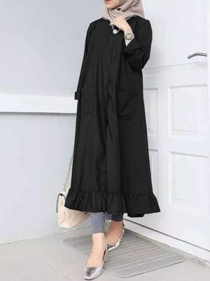 Women Solid Ruffle Hem Kaftan Shirt Maxi Dresses With Pocket