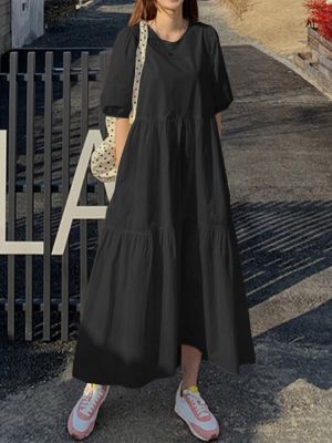 Women Cotton Solid Color Puff Sleeve Pleated Simple Maxi Dresses With Pocket