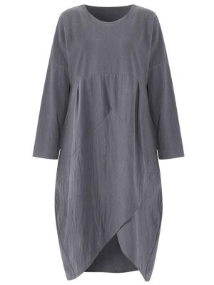 Vintage Women Pocket Solid Color Irregular Maxi Dress