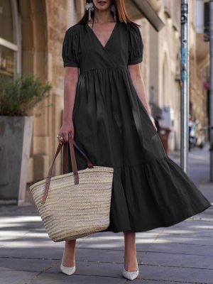 Solid Color V-neck Puff Sleeve Patchwork Pleated Maxi Dress