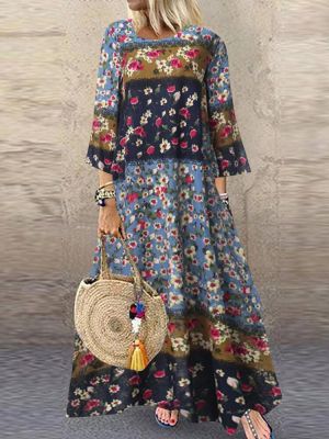Women 3/4 Sleeve O-neck Loose Print Maxi Dress