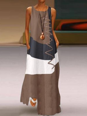 Sleeveless Patchwork O-neck Side Pocket Casual Long Maxi Dress