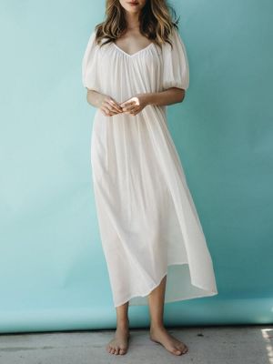 Solid Puff Sleeve Pleated Daily Casual Chiffon Maxi Dress