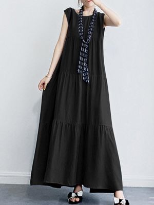 Solid Color O-neck Sleeveless Ruffles Hem Pleated Maxi Dress