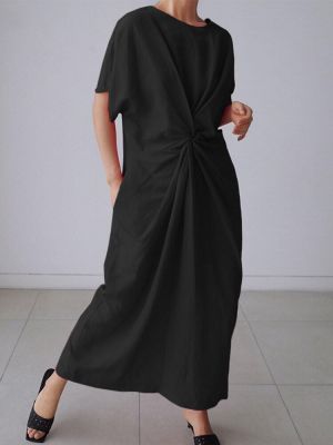 Women Cotton Plain Twist O-neck Short Sleeve Casual Maxi Dress With Pocket